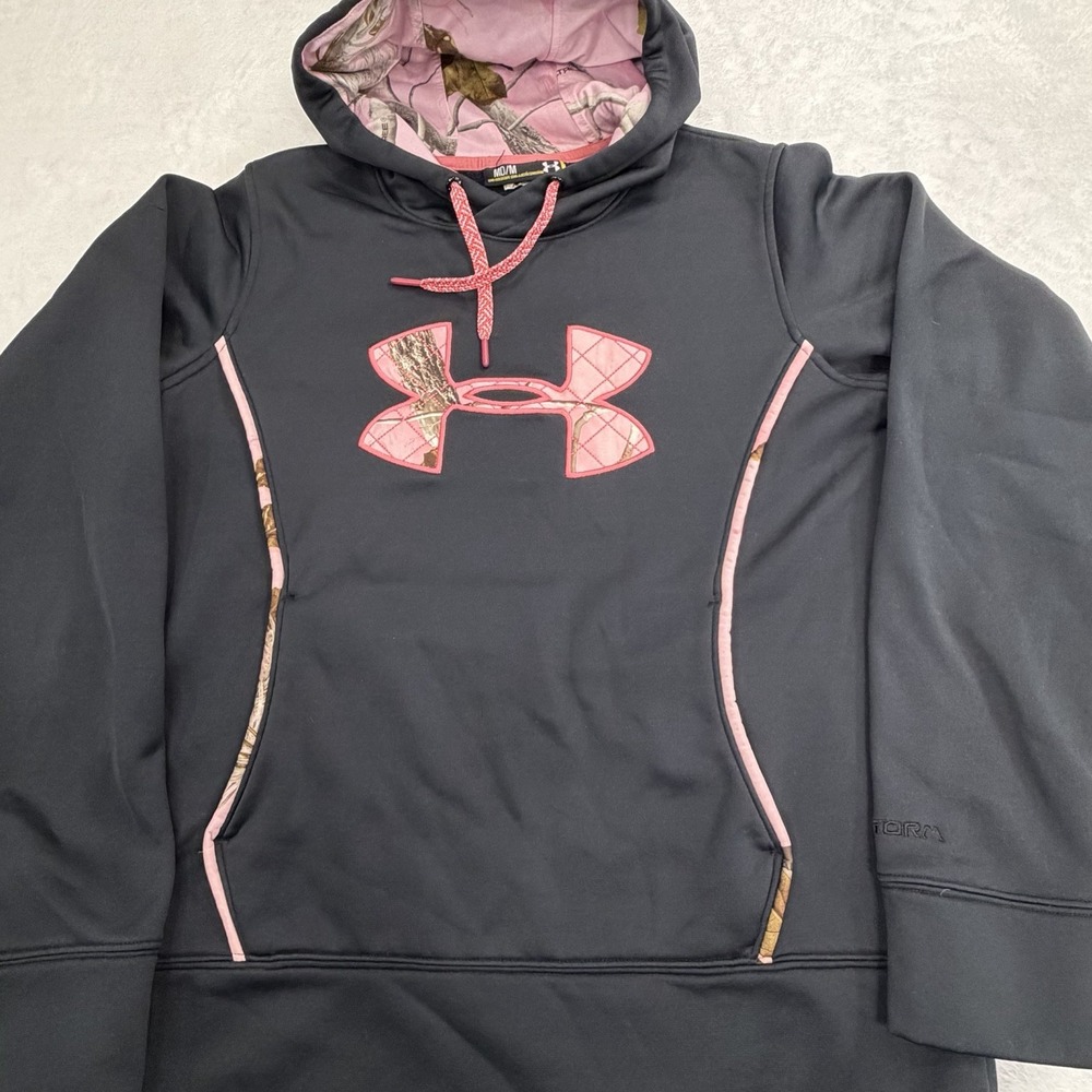 Women's Under Armour RealTree Black  Pink Camo Hoodie Hooded Sweatshirt Medium